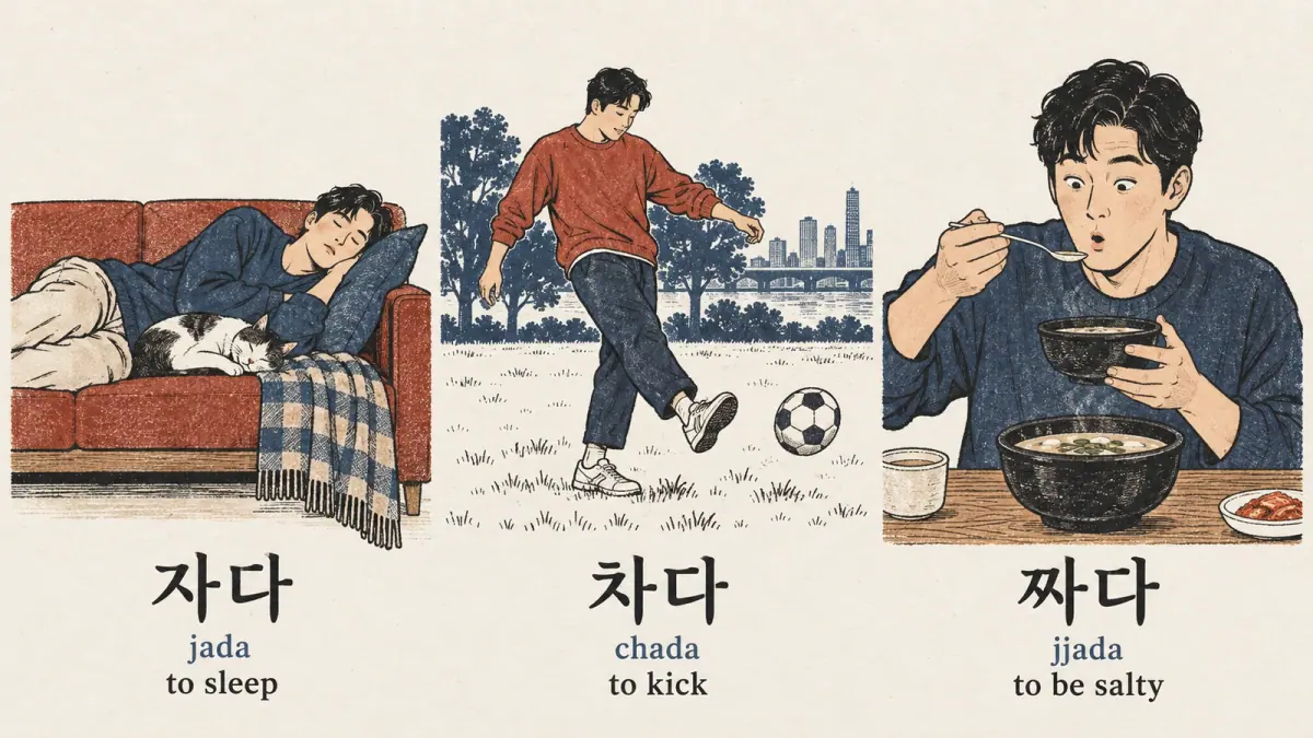 Scenes compare 자다 (jada), 차다 (chada) and 짜다 (jjada): sleep, kick and salty soup.