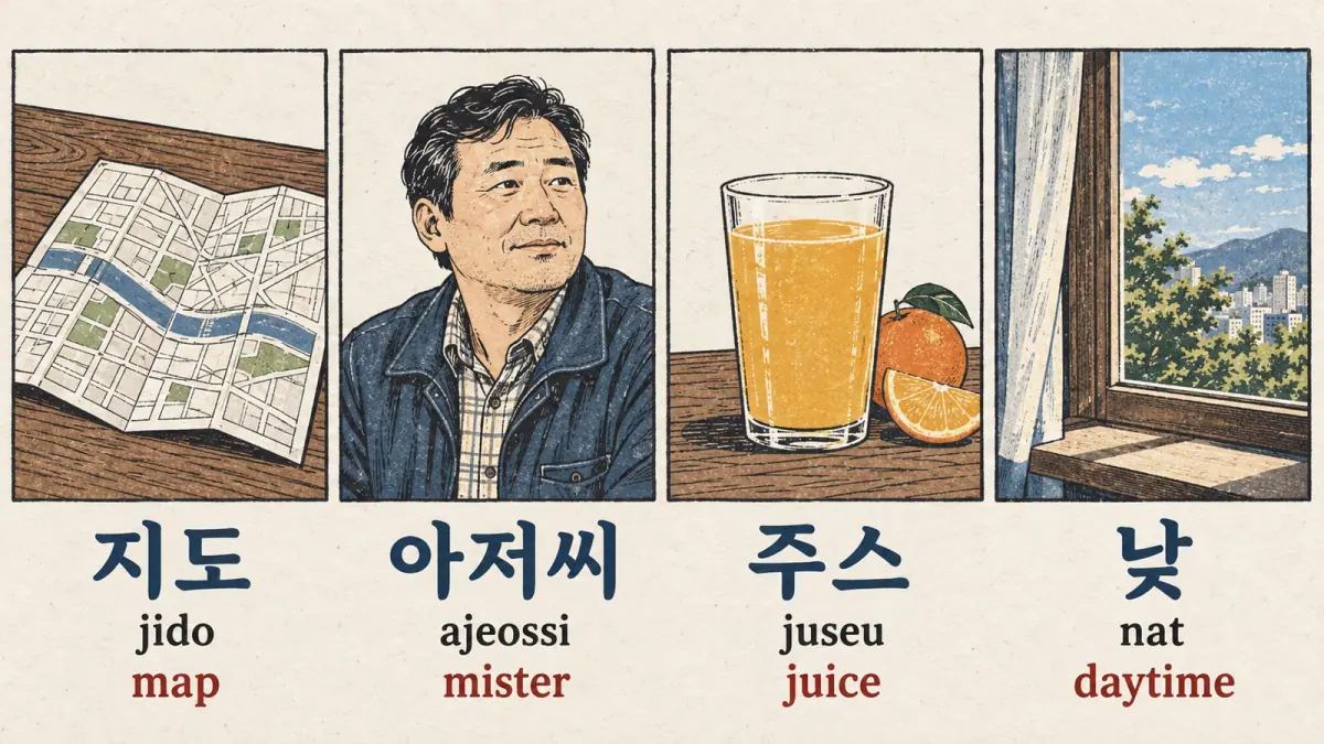 Vignettes show 지도 (jido), 아저씨 (ajeossi), 주스 (juseu) and 낮 (nat): map, mister, juice and daytime.