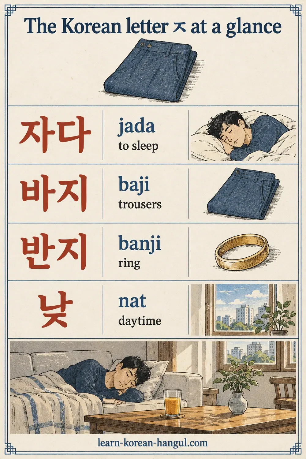 Jieut vocabulary rows: 자다 (jada), 바지 (baji), 반지 (banji) and 낮 (nat), with matching scenes.