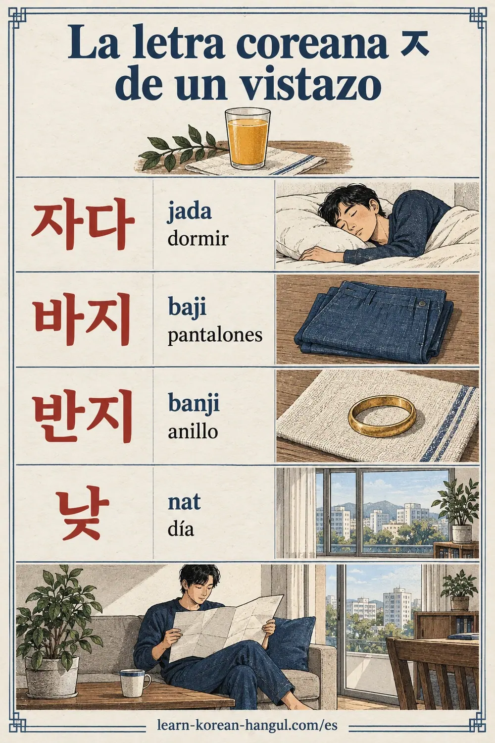 Filas de vocabulario de 자다 (jada), 바지 (baji), 반지 (banji) y 낮 (nat), con escenas cotidianas.