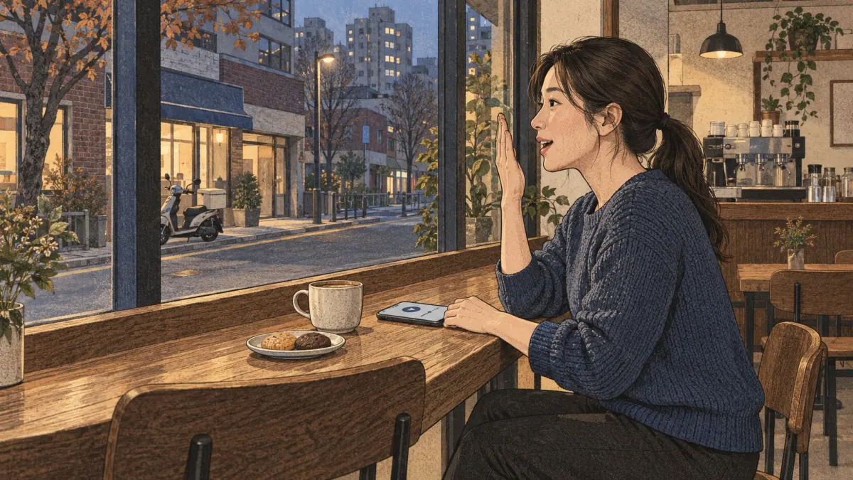 An adult learner feels the breathy kieuk sound against her palm in a Seoul café with coffee and cookies.