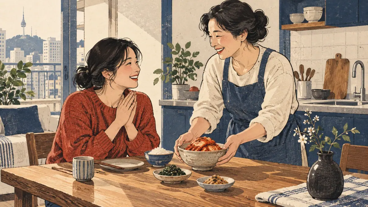 An adult daughter greets her mother as she serves kimchi in a Seoul apartment kitchen.