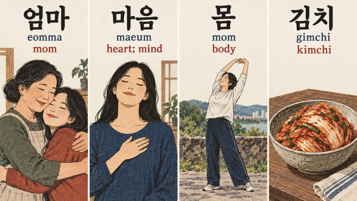 Four scenes show 엄마 (eomma), 마음 (maeum), 몸 (mom) and 김치 (gimchi), with English meanings.