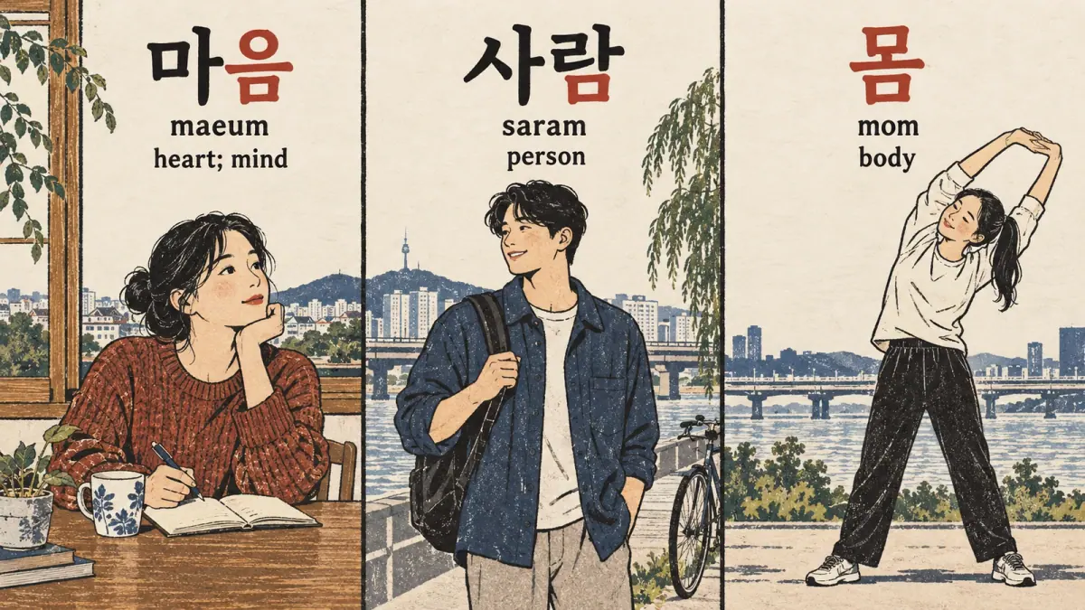 마음 (maeum), 사람 (saram) and 몸 (mom) illustrate words containing ㅁ in different positions.