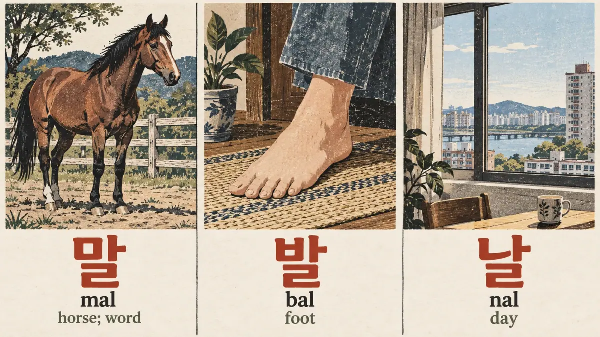 말 (mal), 발 (bal) and 날 (nal) accompany a horse, a foot and a daytime window view.