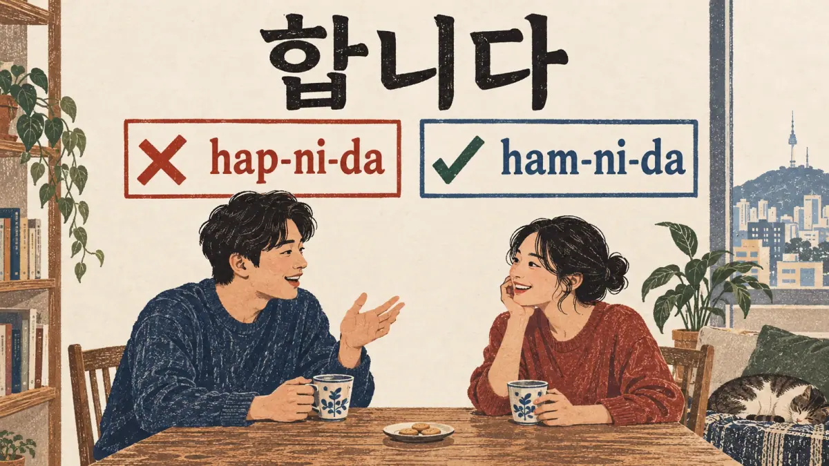 합니다 contrasts incorrect hap-ni-da with correct ham-ni-da above two adults practising conversation.