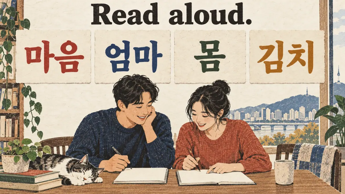 마음, 엄마, 몸, 김치 shown as large vocabulary labels in a Korean learning illustration.