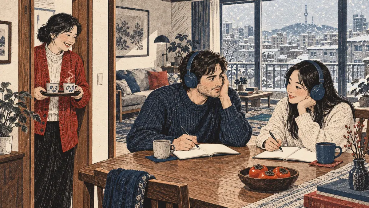 Adult learners listen and write beside a mother and a snowy Seoul window.