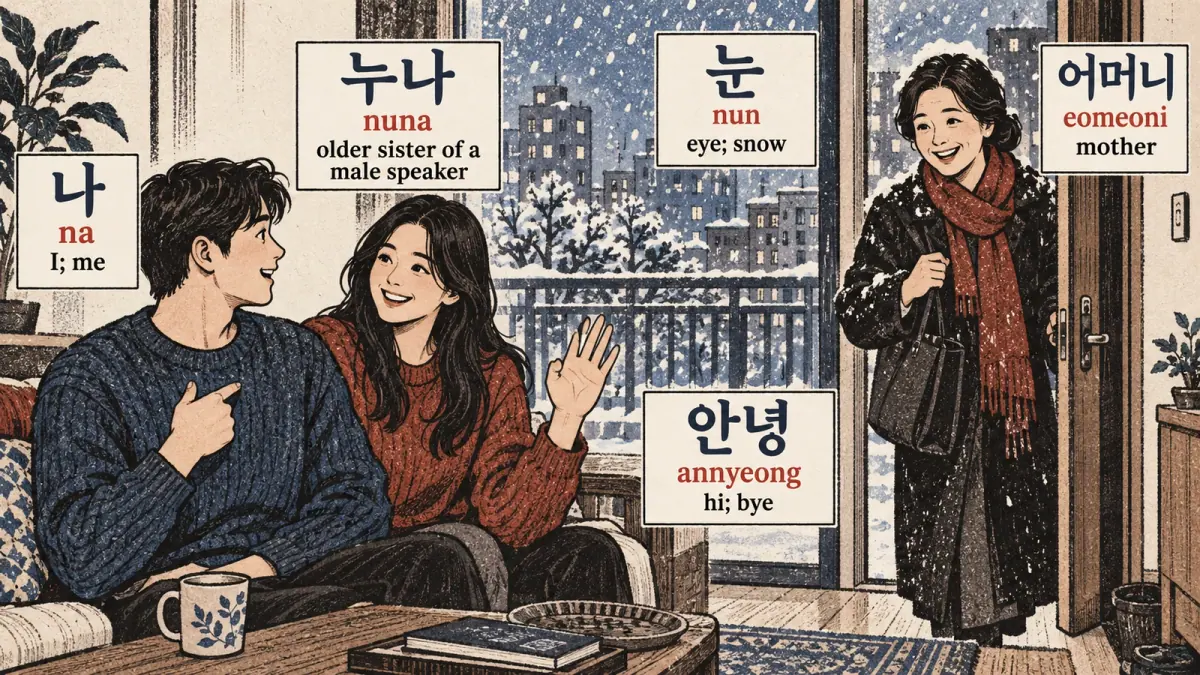 Five everyday words with ㄴ: 나 (na), 누나 (nuna), 눈 (nun), 어머니 (eomeoni), 안녕 (annyeong).