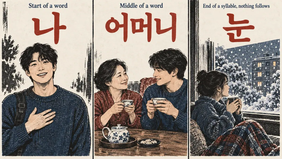 Scenes show 나 at word start, 어머니 in the middle, and final ㄴ in 눈.