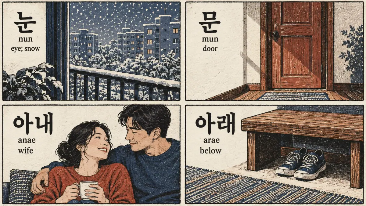 Vocabulary contrasts 눈 (nun), 문 (mun), 아내 (anae), and 아래 (arae), with snow, door, wife and below scenes.