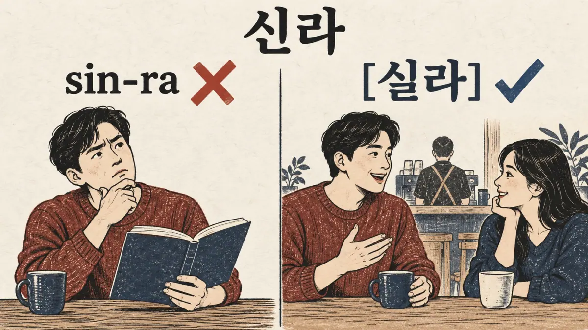 Learners compare the wrong reading sin-ra of 신라 with the correct pronunciation [실라].