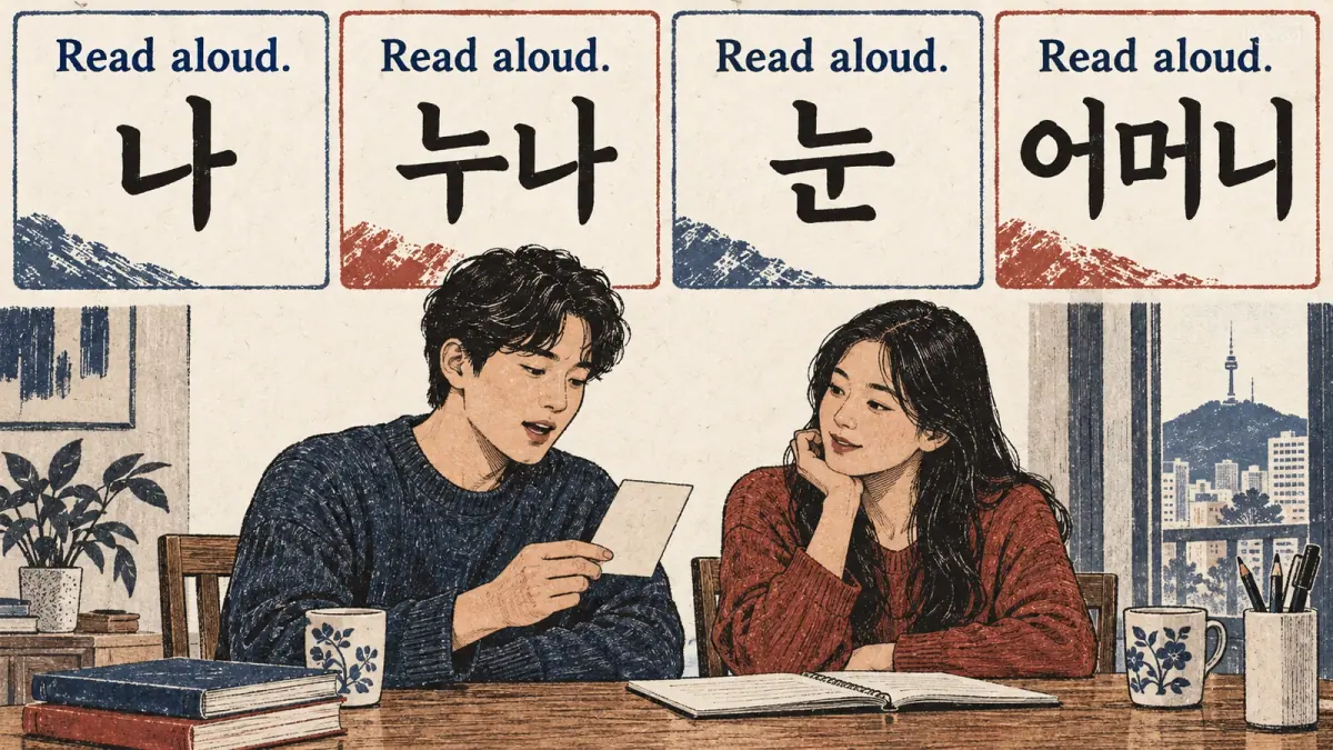 Read-aloud practice cards show 나, 누나, 눈 and 어머니.