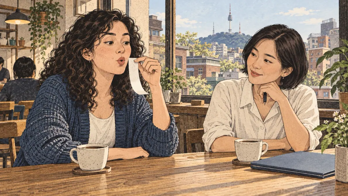 An adult learner practices the breathy sound of pieup with a fluttering paper strip in a Seoul café.