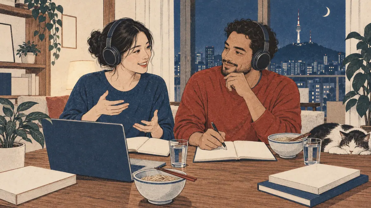 Two adults listen and practise Korean pronunciation in a Seoul apartment.