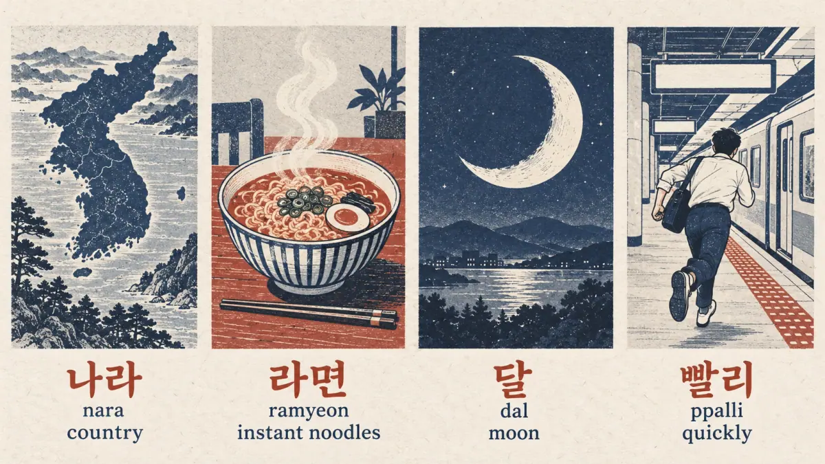 Four illustrated ㄹ examples: 나라 nara, 라면 ramyeon, 달 dal and 빨리 ppalli.
