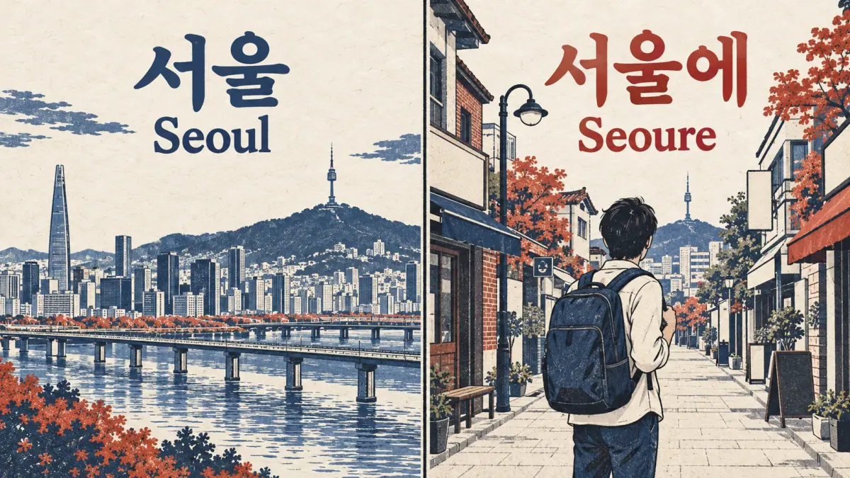 Seoul skyline and a traveller in Seoul compare 서울 Seoul with 서울에 Seoure.