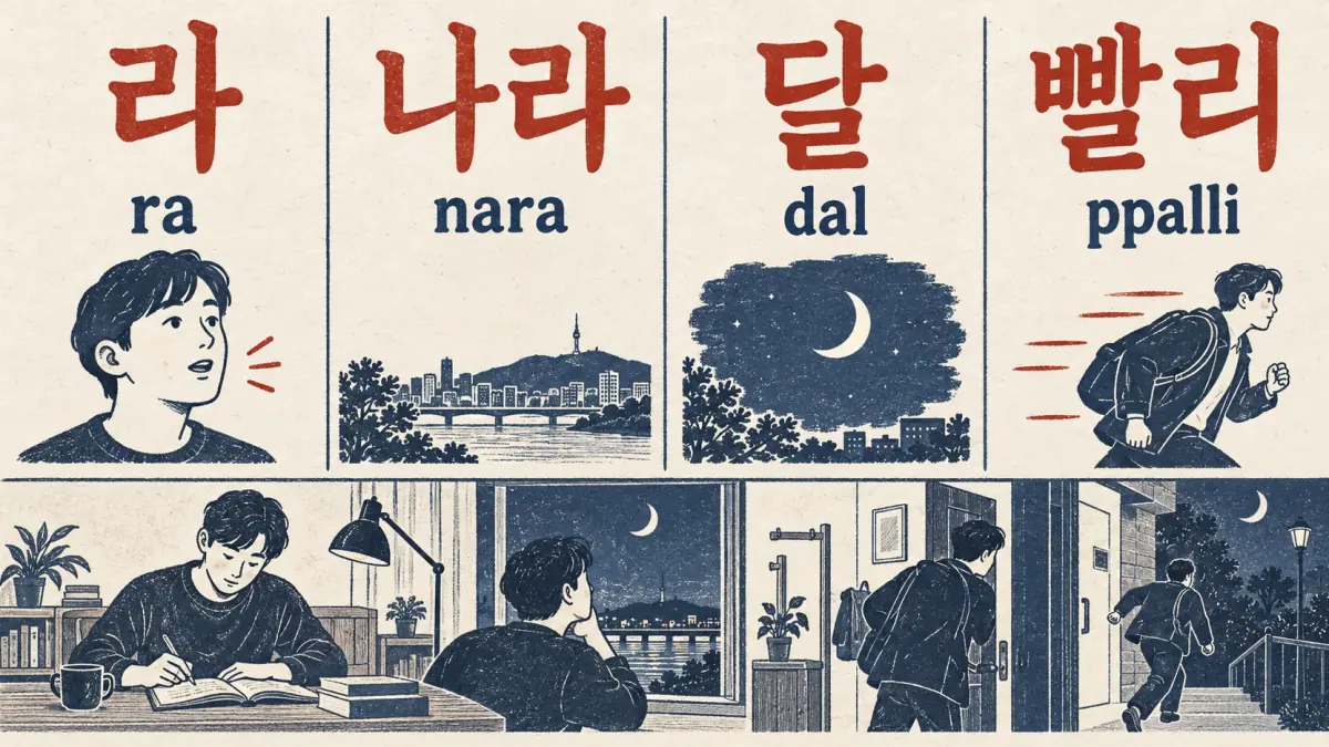 Four large reading examples pair 라 ra, 나라 nara, 달 dal and 빨리 ppalli.