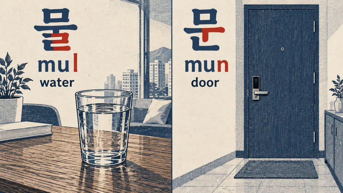 A glass of water, 물 mul, contrasts with a door, 문 mun.