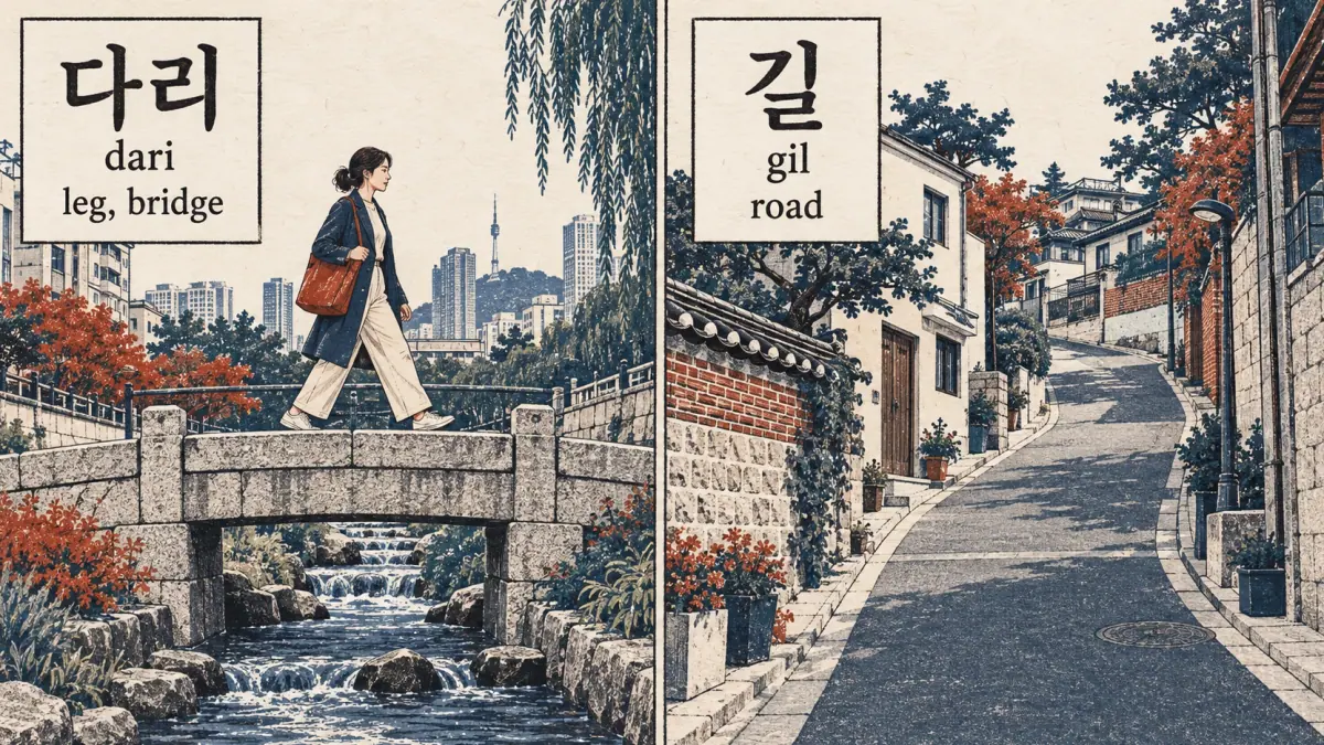 A walker on a bridge illustrates 다리 dari; a neighbourhood road illustrates 길 gil.