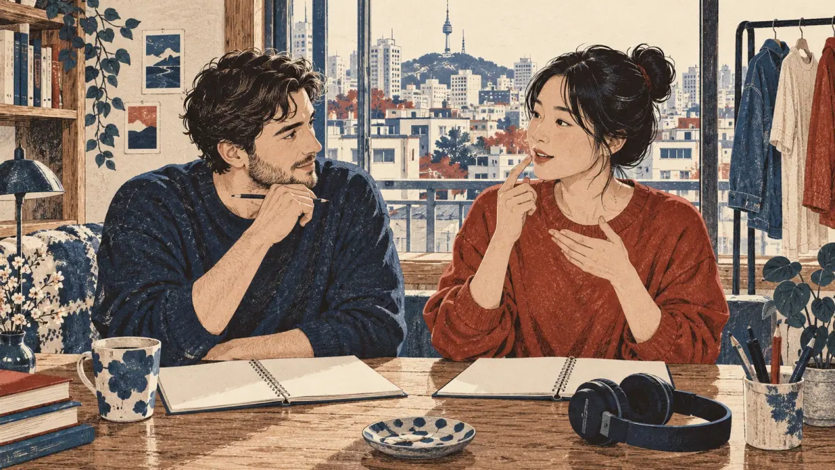 Adult learner and Korean teacher practise pronunciation at a Seoul apartment desk.