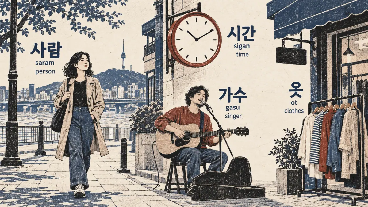 Illustrated siot examples: 사람, 시간, 가수, 옷 (saram, sigan, gasu, ot).