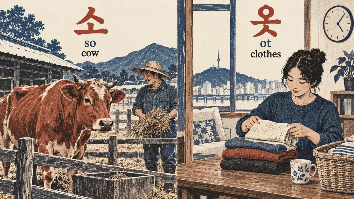 Illustrated siot examples: 소, 옷 (so, ot).