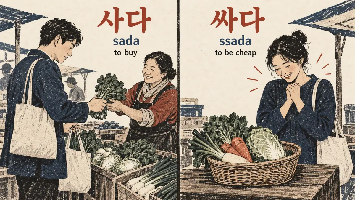 Illustrated siot examples: 사다, 싸다 (sada, ssada).