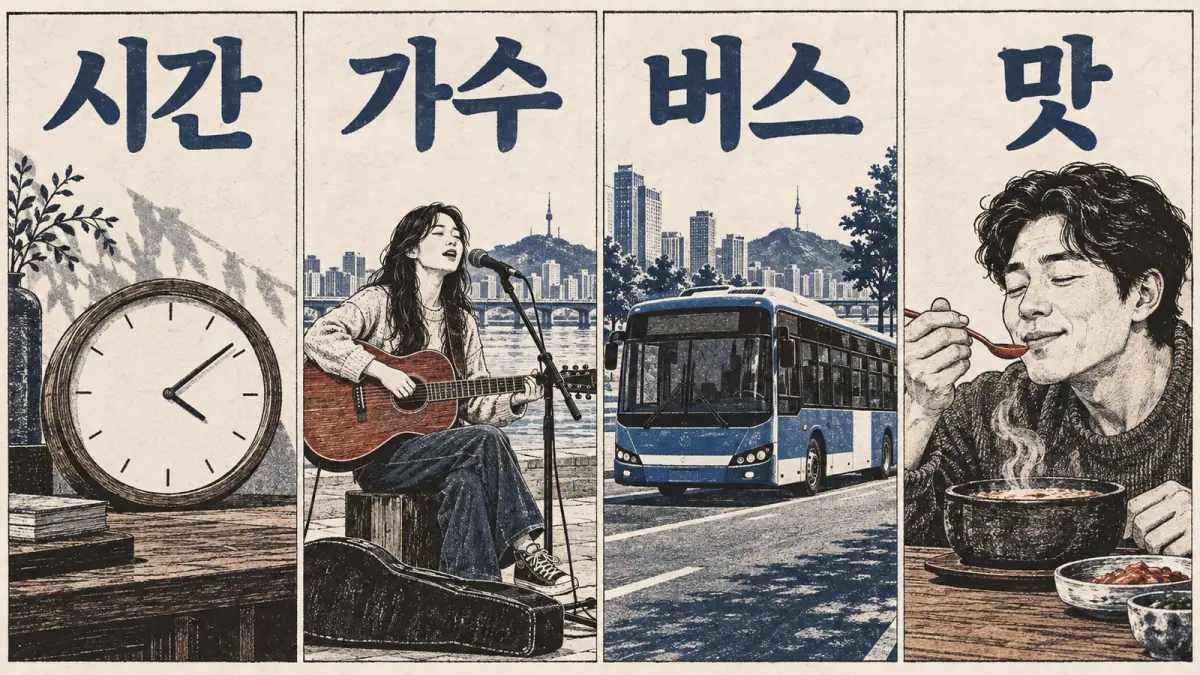 Illustrated siot examples: 시간, 가수, 버스, 맛.