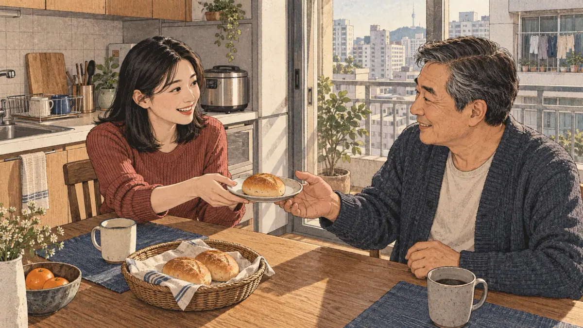 An adult daughter shares fresh bread with her dad in a contemporary Seoul apartment.