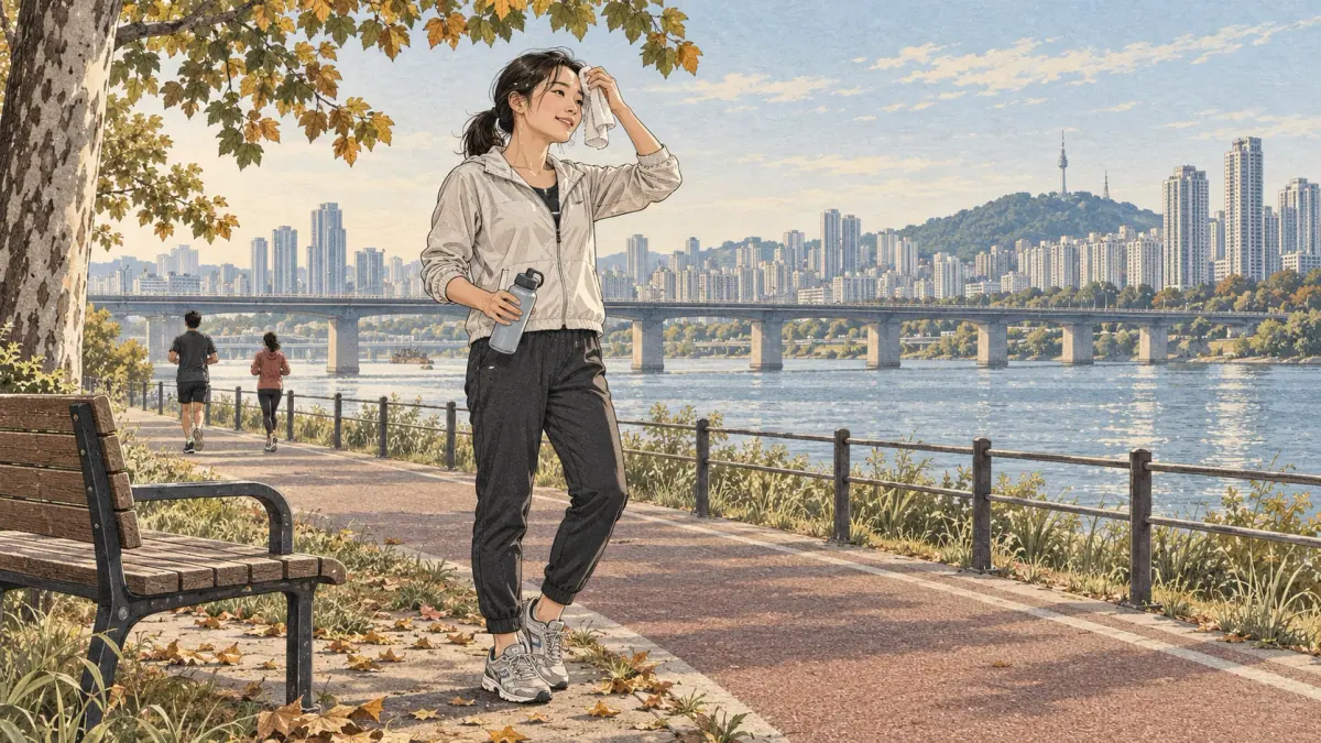 Una corredora se seca el sudor de la frente tras correr junto al río Han en Seúl.