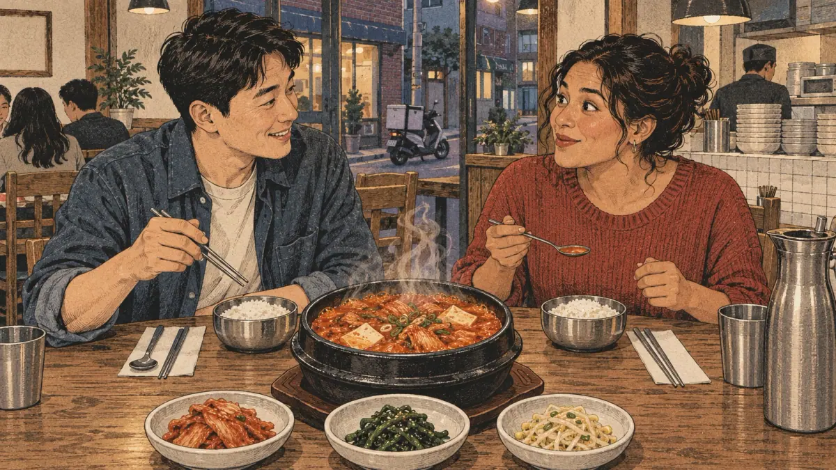Two friends share 찌개 (jjigae), Korean stew, in a small Seoul restaurant.