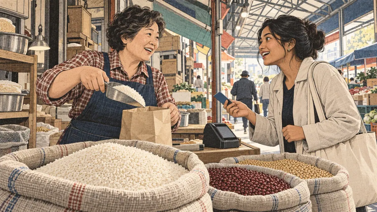 A learner buys 쌀 (ssal), uncooked rice, from a vendor at a Seoul neighborhood market.