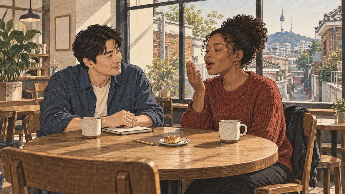 Language partners practice aspirated consonants in a Seoul café, feeling the puff of air with an open palm.