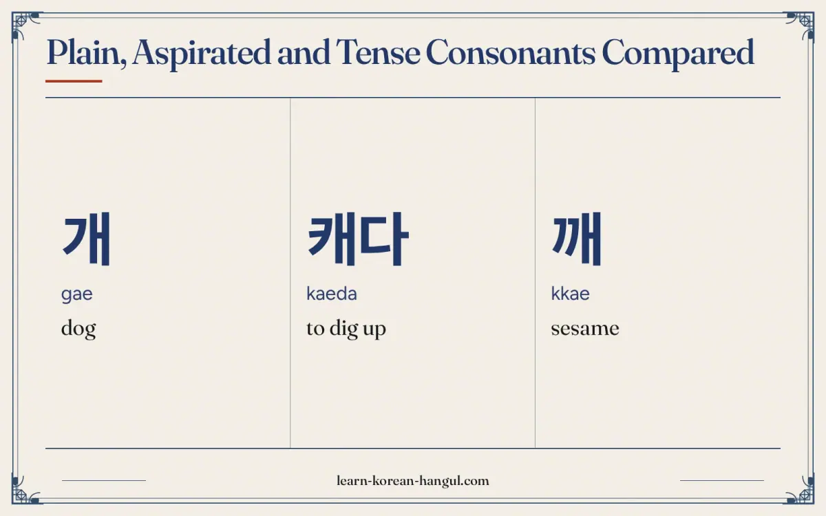 개 · gae · dog · Plain, aspirated and tense consonants compared