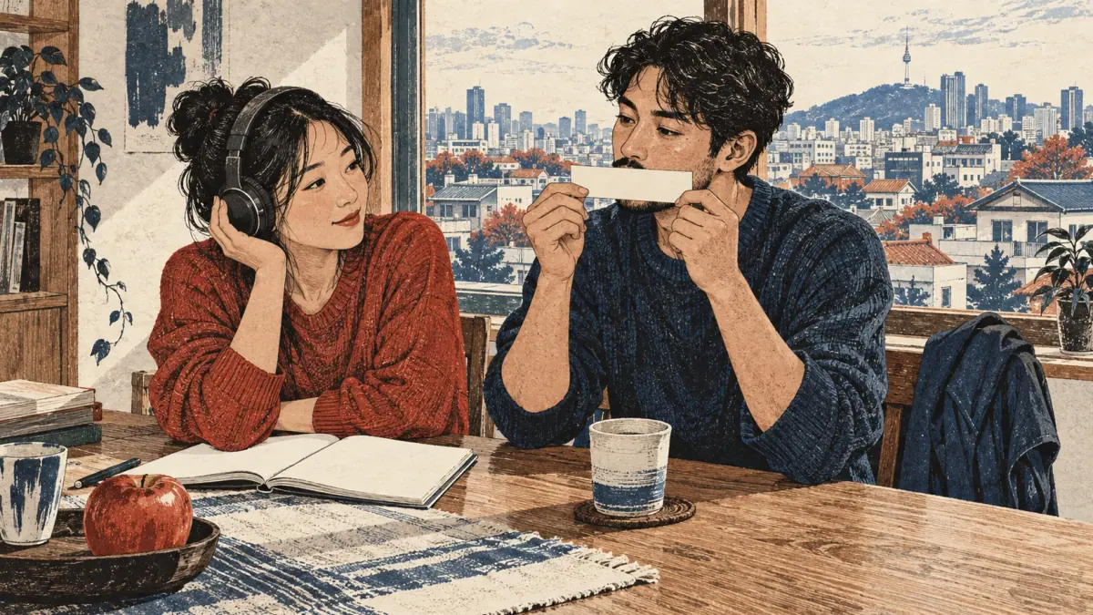 Two adult learners practise listening and a paper-strip pronunciation test in a Seoul apartment.
