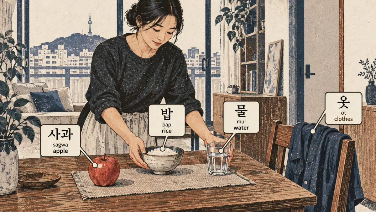 Apartment scene labels 사과 (sagwa), 물 (mul), 밥 (bap), and 옷 (ot): apple, water, rice, clothes.