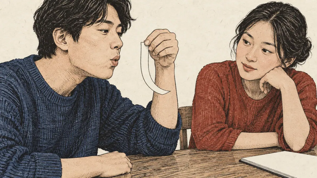 An adult learner bends a vertical paper strip with a strong puff of air while a partner observes.