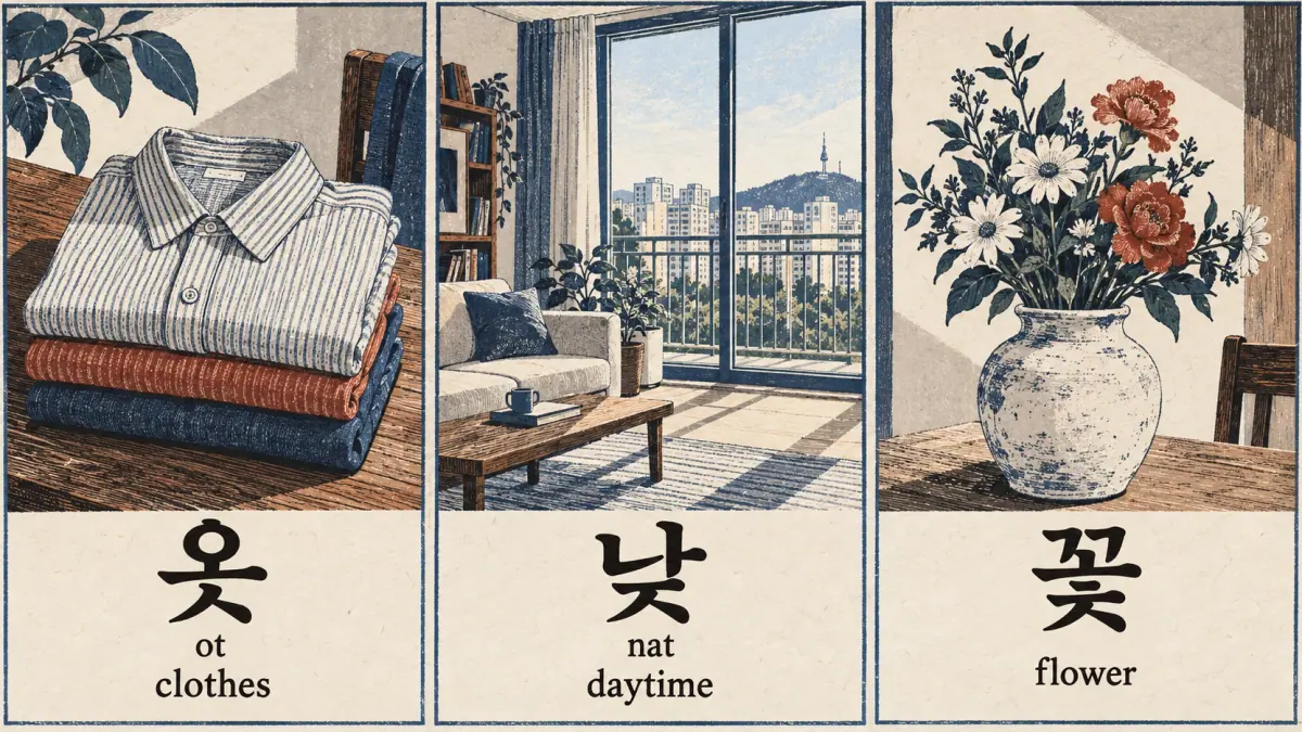 Three everyday scenes show 옷 (ot, clothes), 낮 (nat, daytime), and 꽃 (flower).