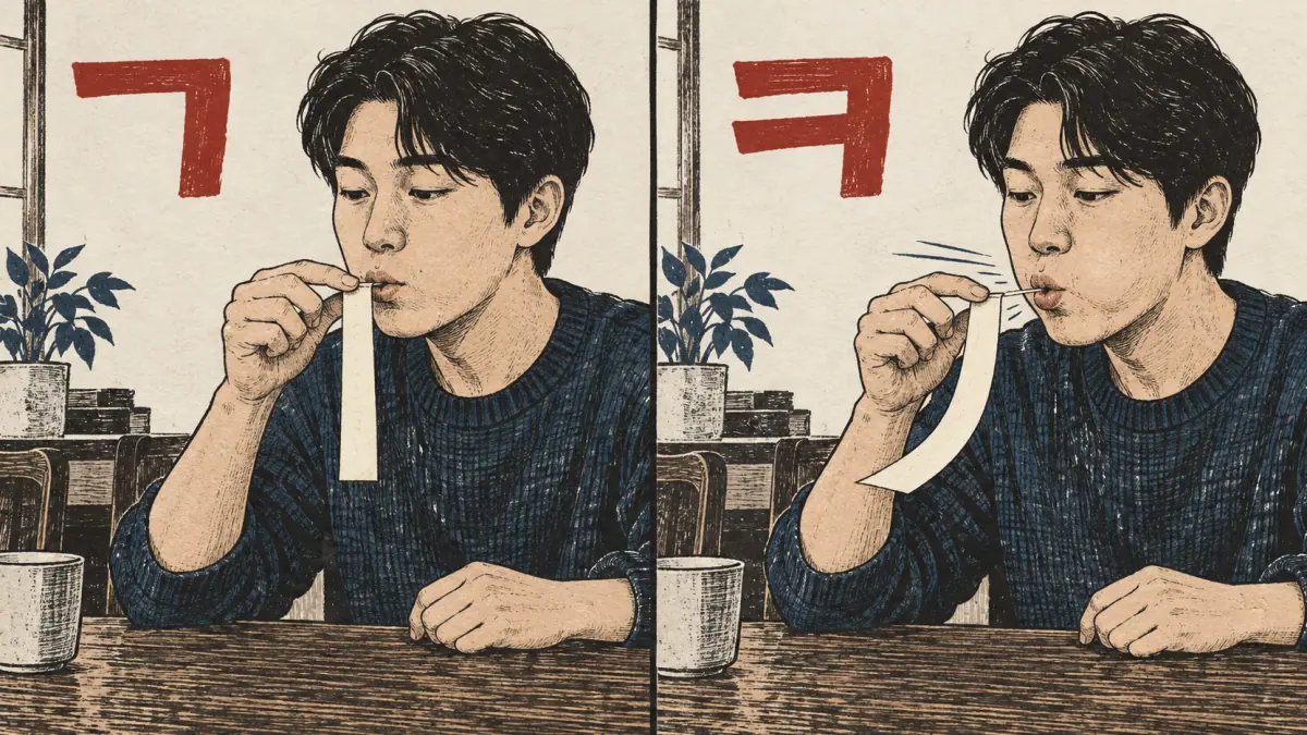 Paper strips compare ㄱ with little movement and ㅋ with a strong outward bend.