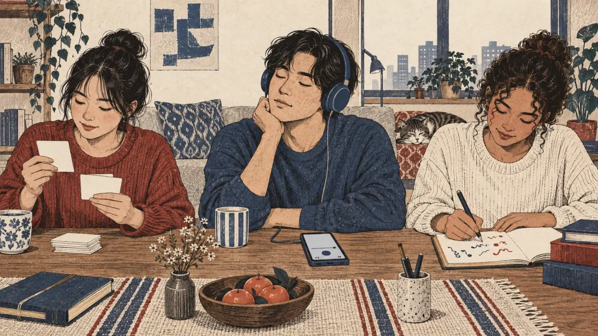 Three adults practise with flashcards, headphone listening, and a notebook at a shared study table.