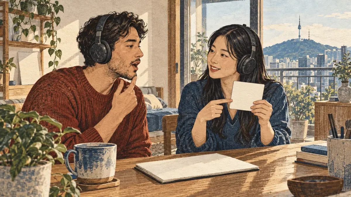 A Korean tutor and an adult learner practice consonant sounds with headphones at an apartment desk.