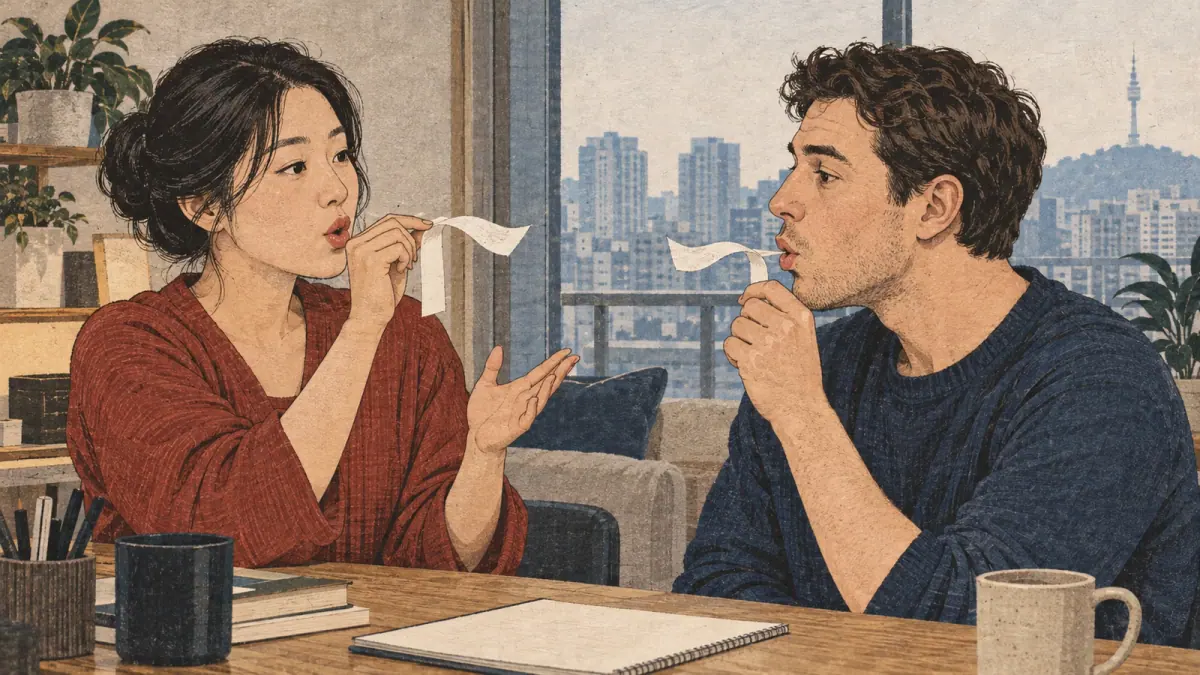 A tutor and learner use moving tissue strips to notice a strong puff of air.