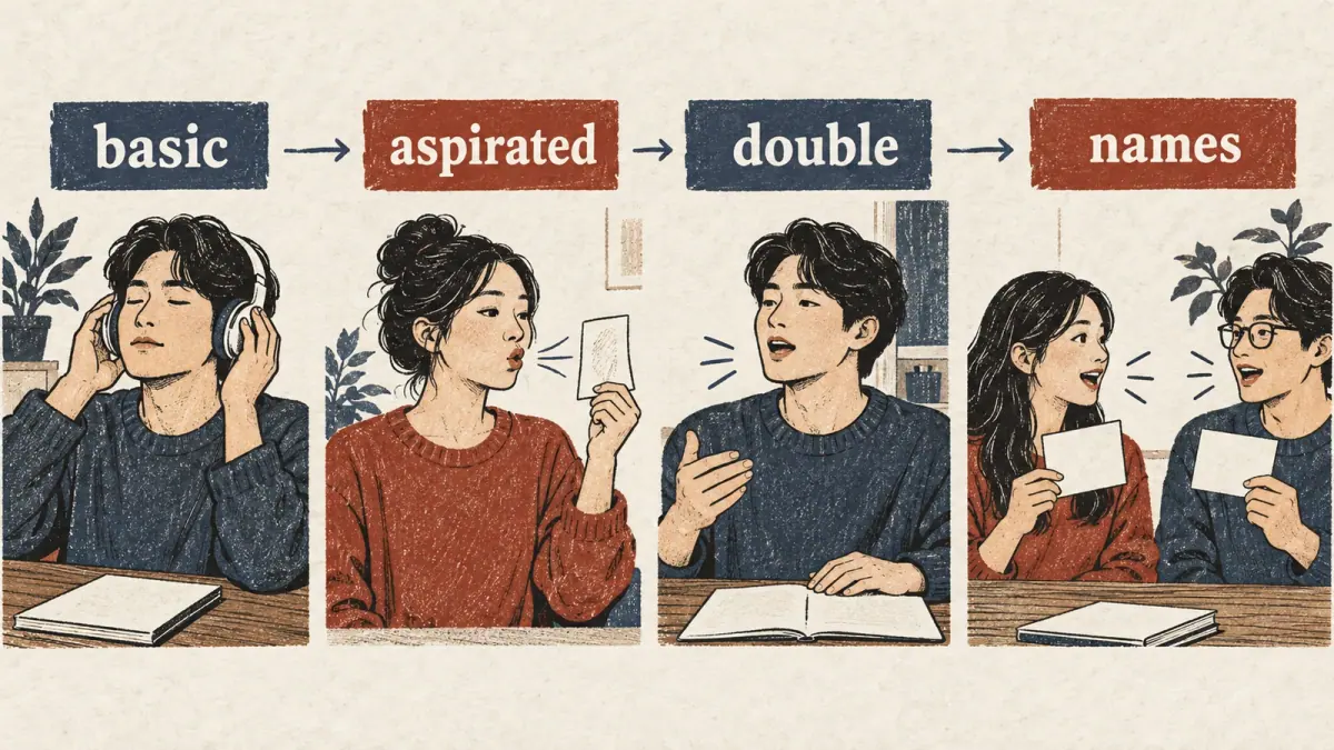 Four illustrated study stages: basic, aspirated, double and names.