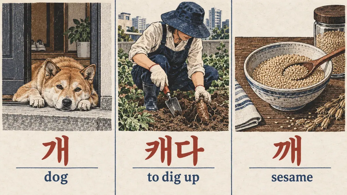 개 (dog), 캐다 (to dig up), and 깨 (sesame) illustrated in three comparison panels.
