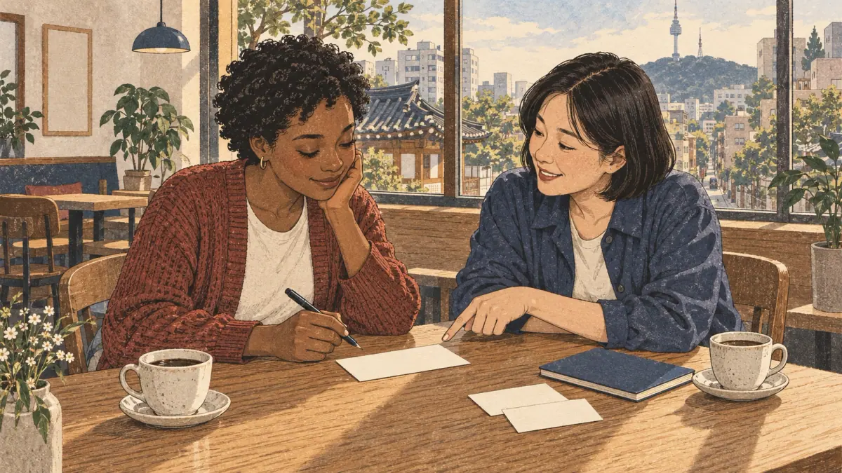 A learner and a Korean friend prepare a name card at a Seoul café table.