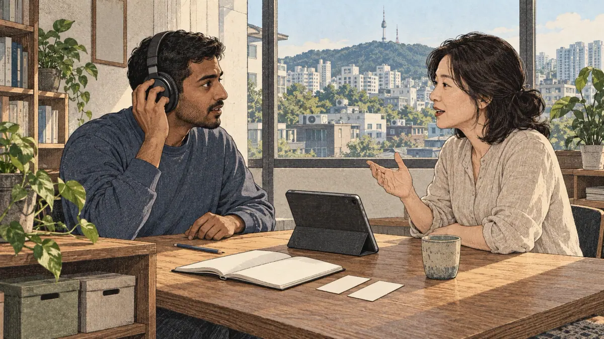 A learner listens and repeats a name with a Korean tutor in a Seoul study room.