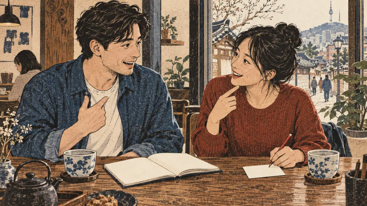 An adult learner practises saying their name with a Korean friend before writing a name card.