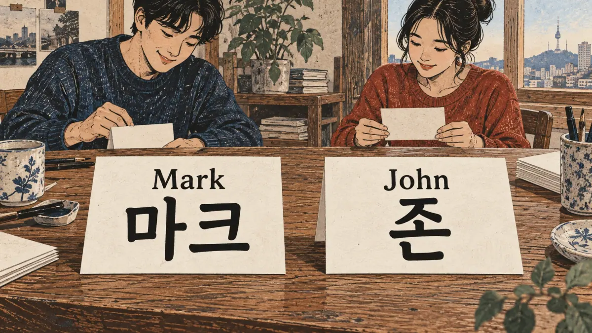 Two name cards compare Mark, 마크, with John, 존: one name needs an extra syllable.