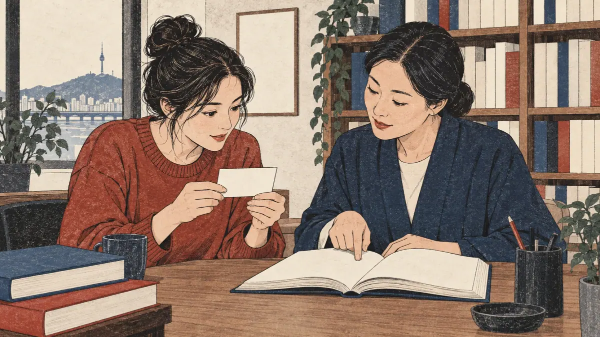 A learner and teacher compare a name card with a reference book to check the spelling.